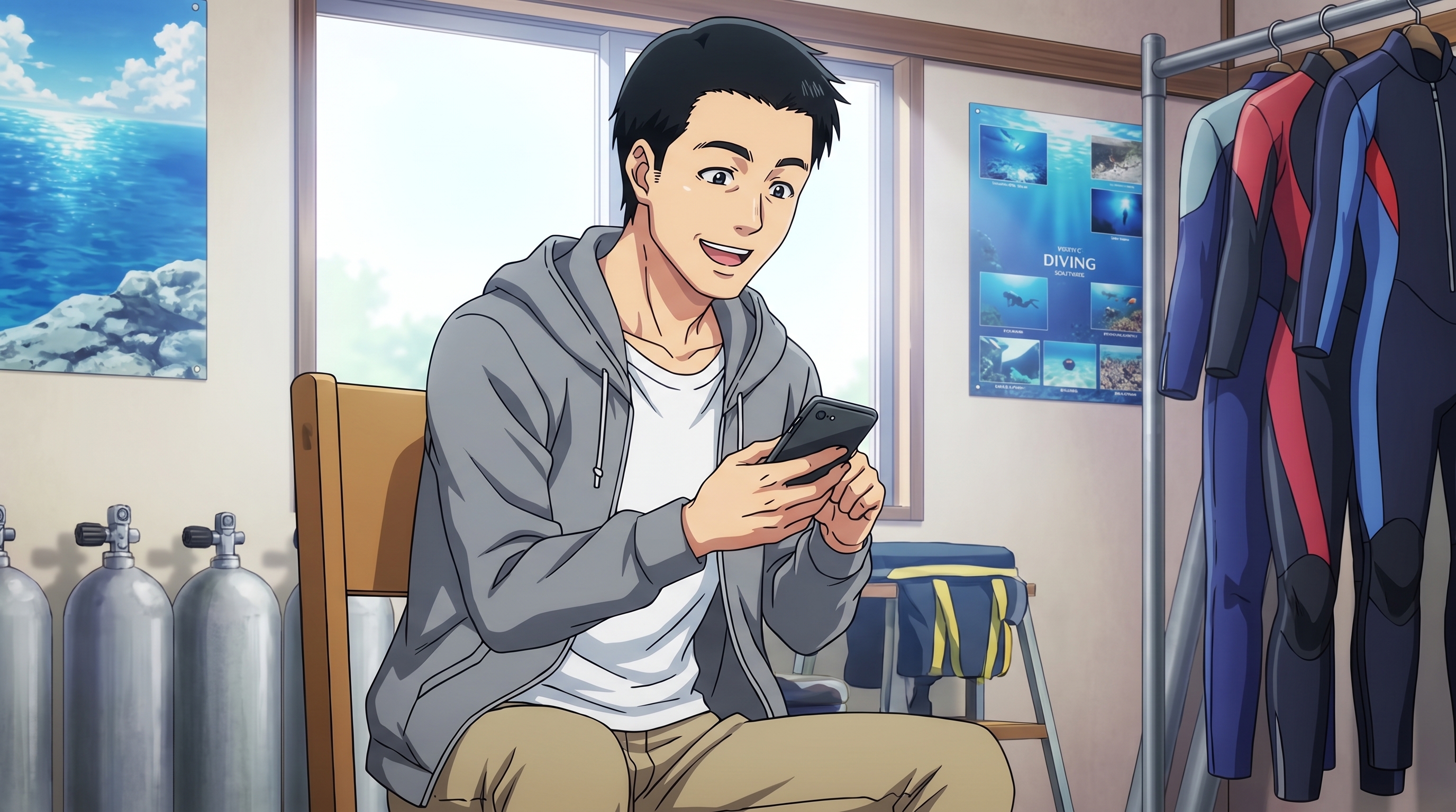 Foto a anime al estilo Grand Blue Dreaming - Joven con teléfono en tienda de buceo
