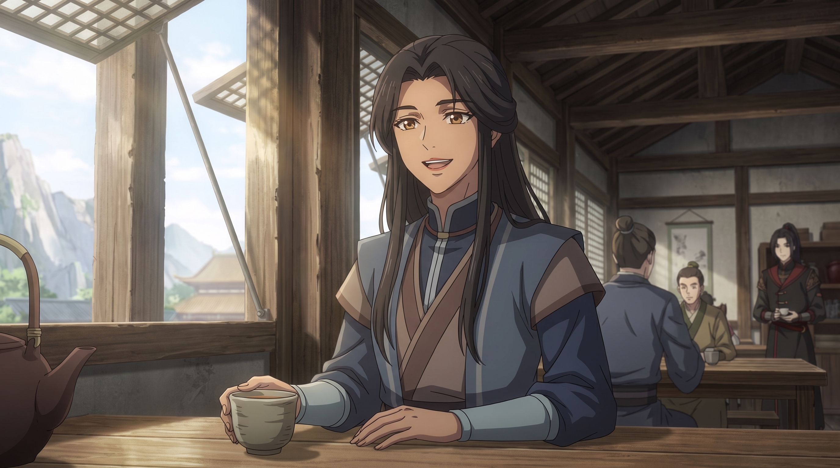 Foto a anime al estilo Heaven Official's Blessing - Hombre con hanfu azul en casa de té con vista a montañas