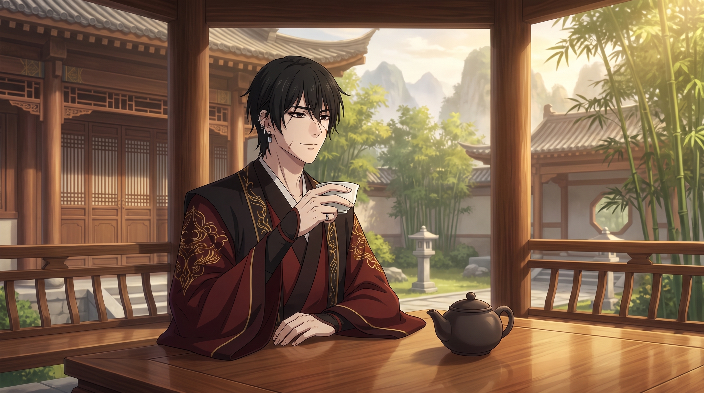 Foto a anime al estilo Heaven Official's Blessing - Hombre con hanfu rojo bebiendo té en pabellón de jardín