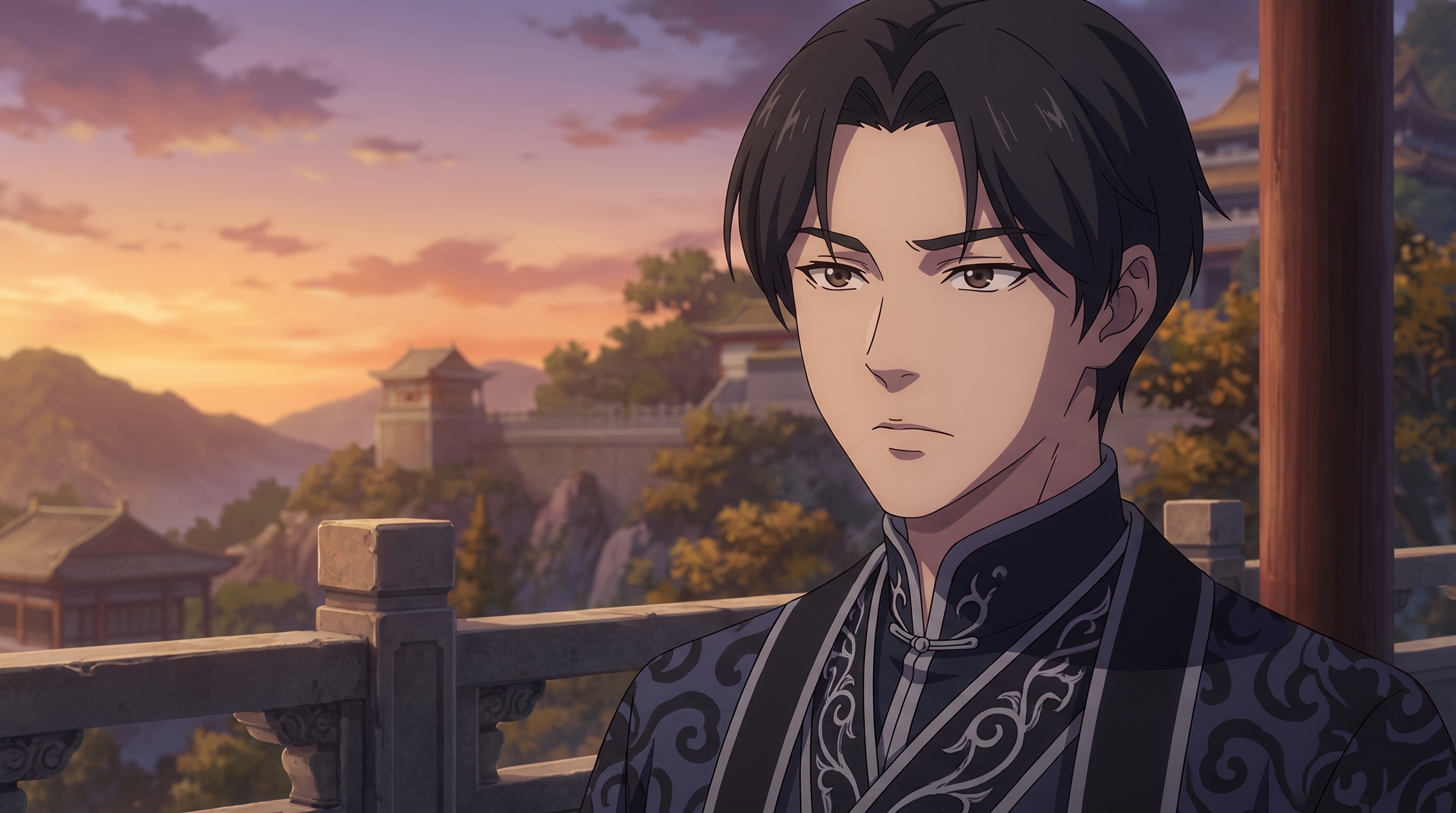 Foto a anime al estilo Heaven Official's Blessing - Joven con túnicas oscuras en balcón al atardecer