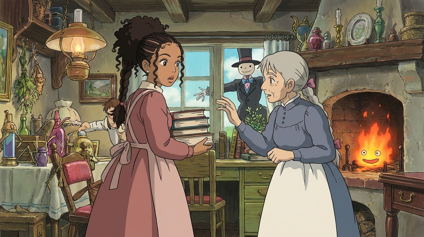 Foto a anime al estilo Howl's Moving Castle - Chica negra en cocina del castillo con Sophie y Calcifer