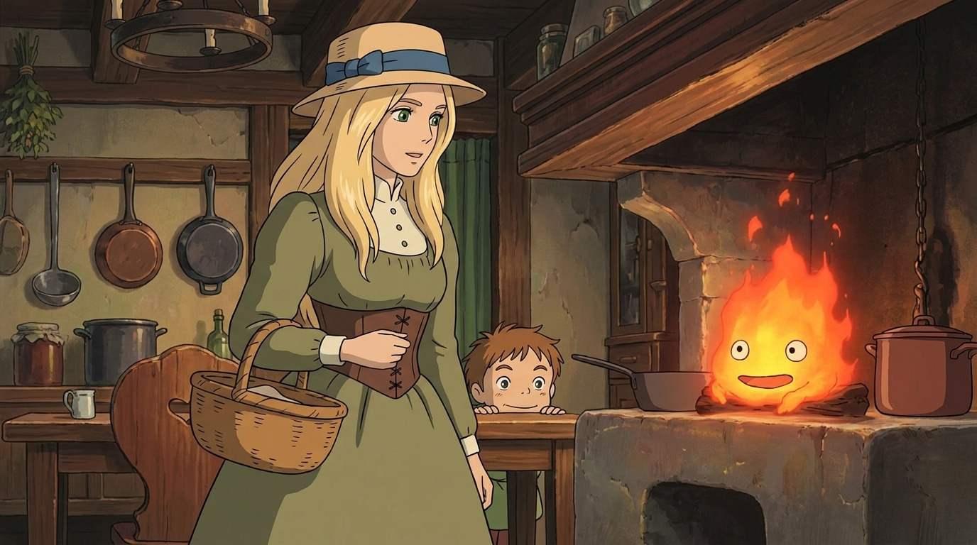 Foto a anime al estilo Howl's Moving Castle - Sophie rubia en cocina del castillo con Markl y Calcifer