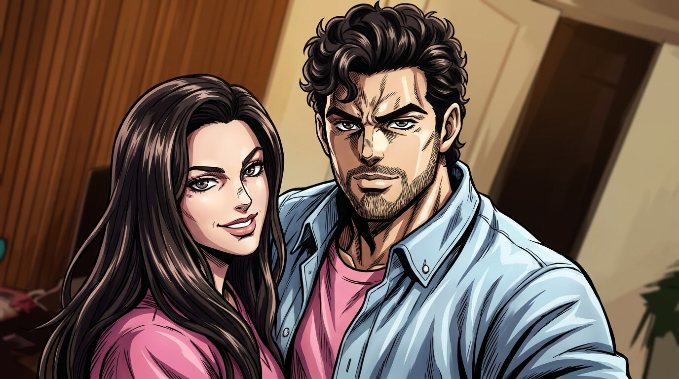 Foto a anime al estilo JoJo - Retrato de pareja de mujer rubia y hombre negro