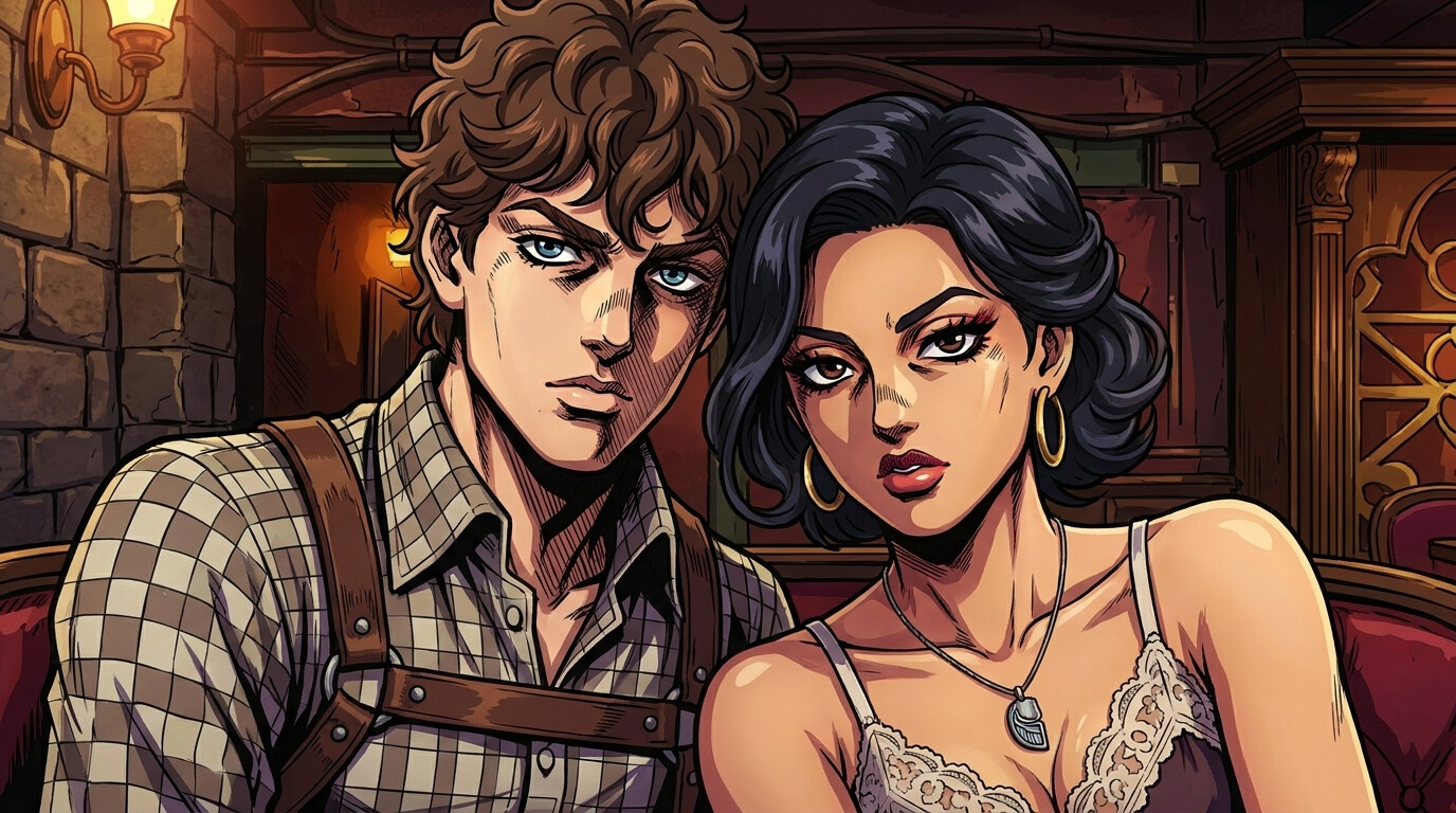 Foto a anime al estilo JoJo - Pareja sentada en cabina roja de salón vintage
