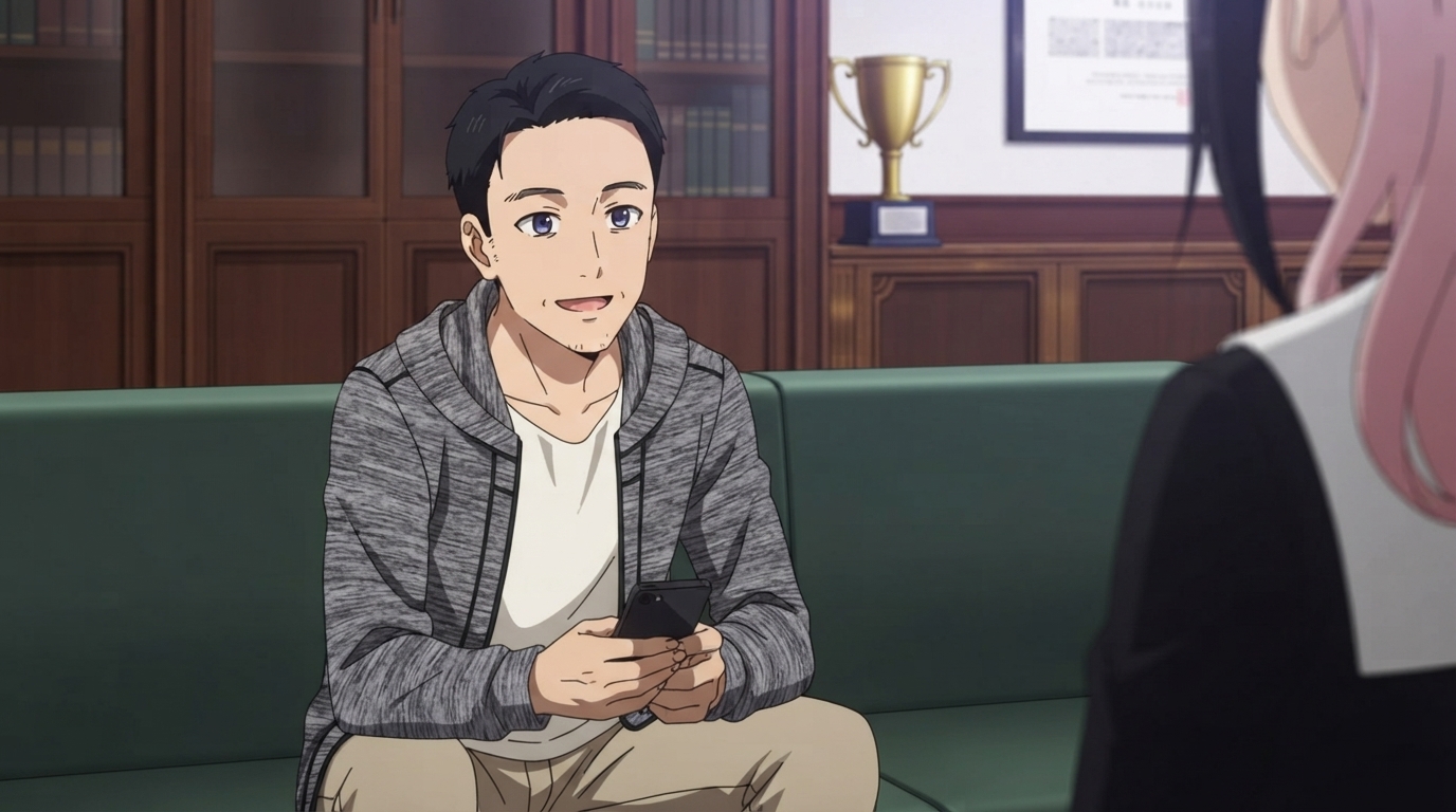 Foto a anime al estilo Kaguya-sama - Hombre negro en sofá verde del consejo estudiantil con bento