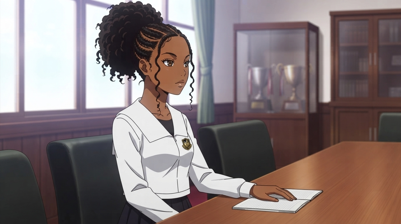 Foto a anime al estilo Kaguya-sama - Mujer negra con trenzas en escritorio del consejo estudiantil