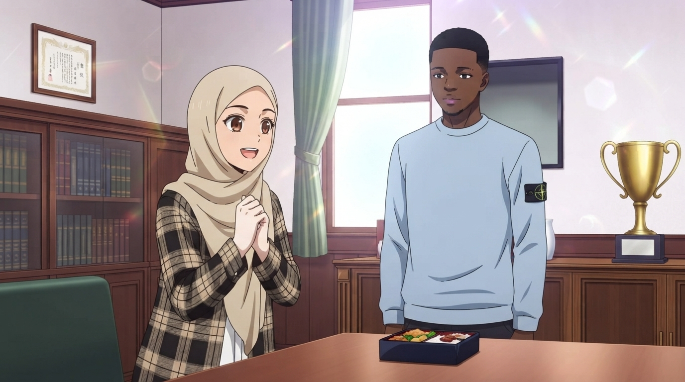 Foto a anime al estilo Kaguya-sama - Mujer con hijab y hombre negro en mesa de bento del consejo estudiantil