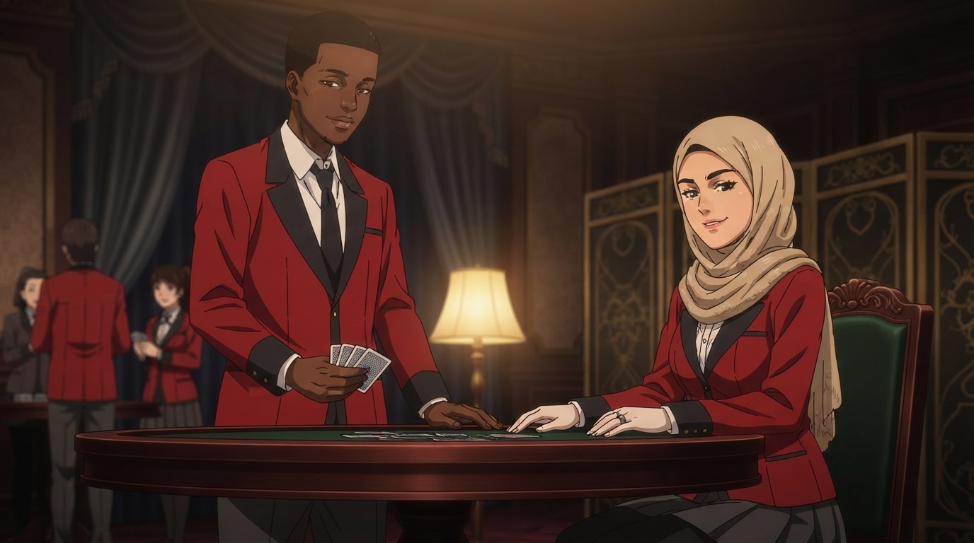 Foto a anime al estilo Kakegurui - Hombre negro y mujer con hijab en mesa de apuestas