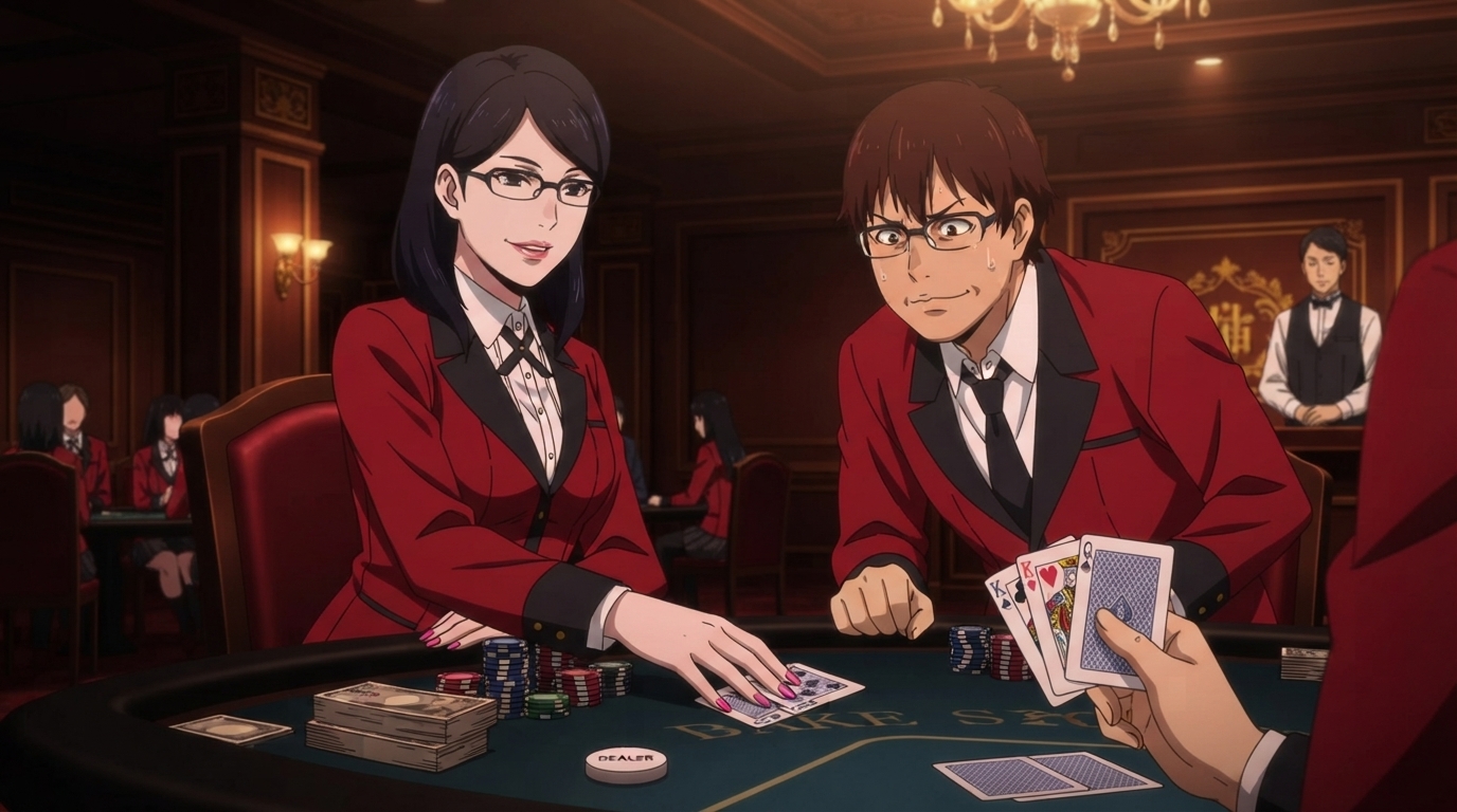 Foto a anime al estilo Kakegurui - Pareja en mesa de cartas con sudor nervioso