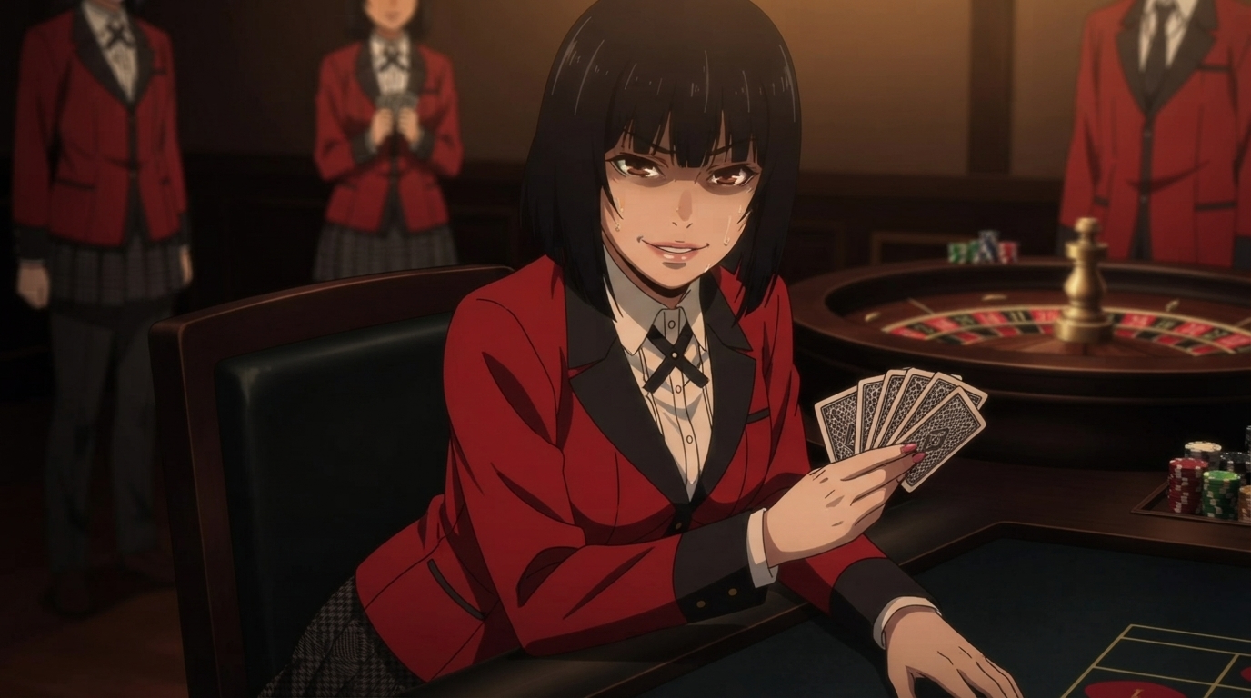 Foto a anime al estilo Kakegurui - Estudiante femenina en mesa de ruleta con fichas