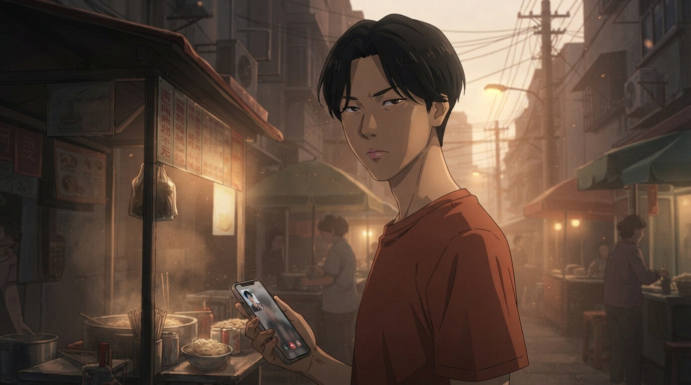 Foto a anime al estilo Link Click - Hombre de pelo negro con teléfono en callejón de mercado nocturno