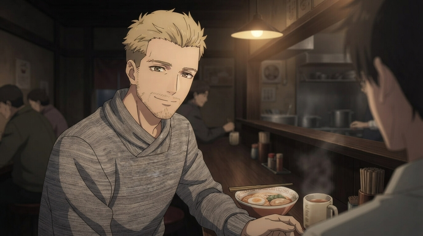 Foto a anime al estilo Link Click - Hombre rubio sonriendo en ramen shop cálido