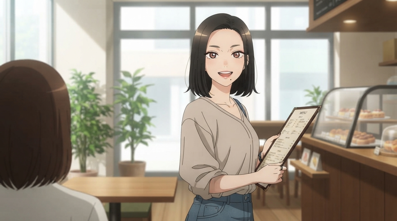 Photo to anime in My Dress-Up Darling style - Black-haired woman smiling with cafe menu