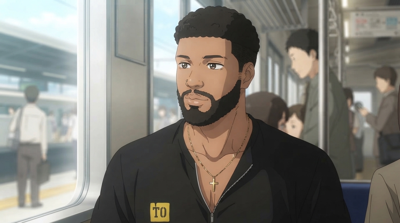 Photo to anime in My Dress-Up Darling style - Black man on train commute with gold cross necklace