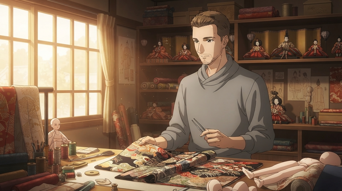 Photo to anime in My Dress-Up Darling style - Young man crafting hina dolls in golden-lit workshop