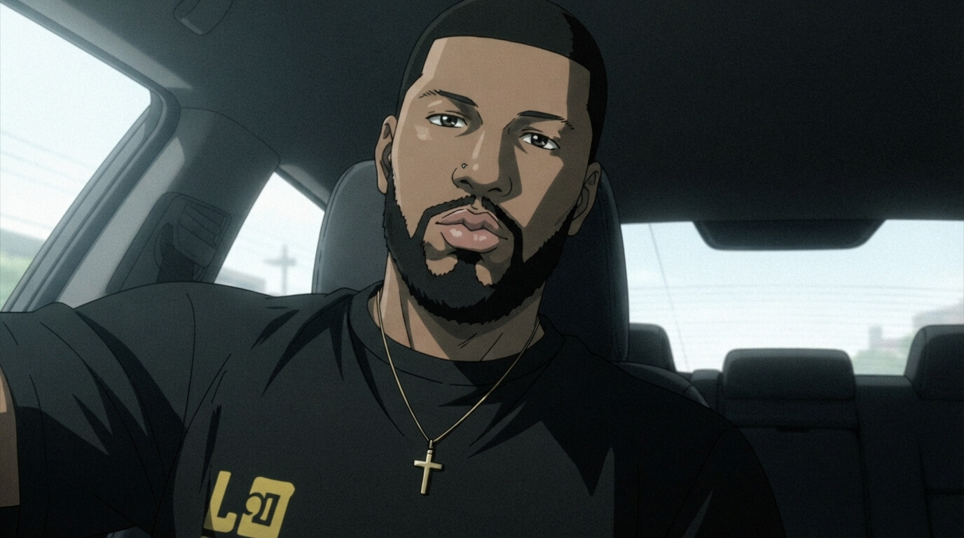 Foto a anime al estilo Nana - Hombre negro con barba y collar de cruz en coche