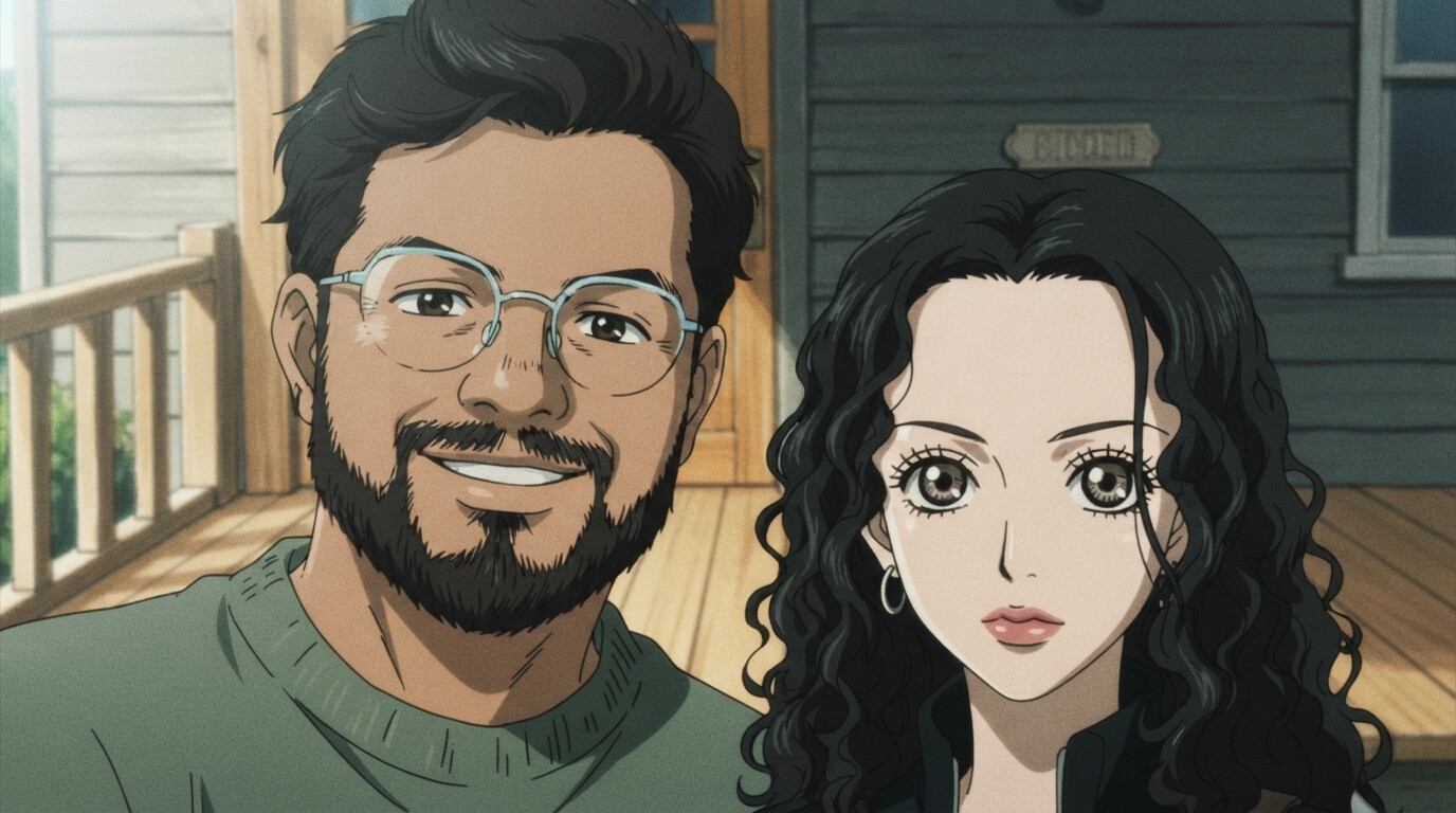 Foto a anime al estilo Nana - Retrato de pareja en porche de madera en casa