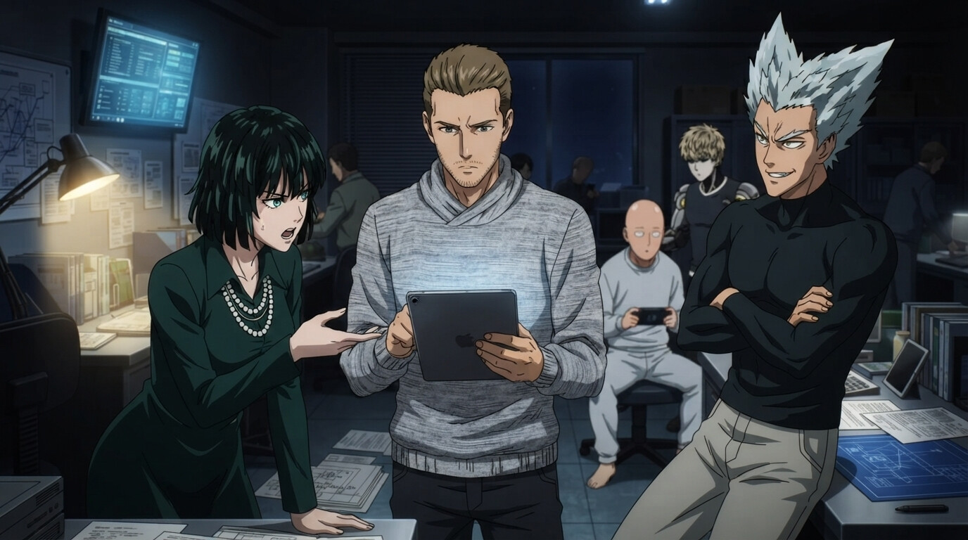 Photo to anime in One Punch Man style - Fubuki, Garou, and Saitama in dark office at night