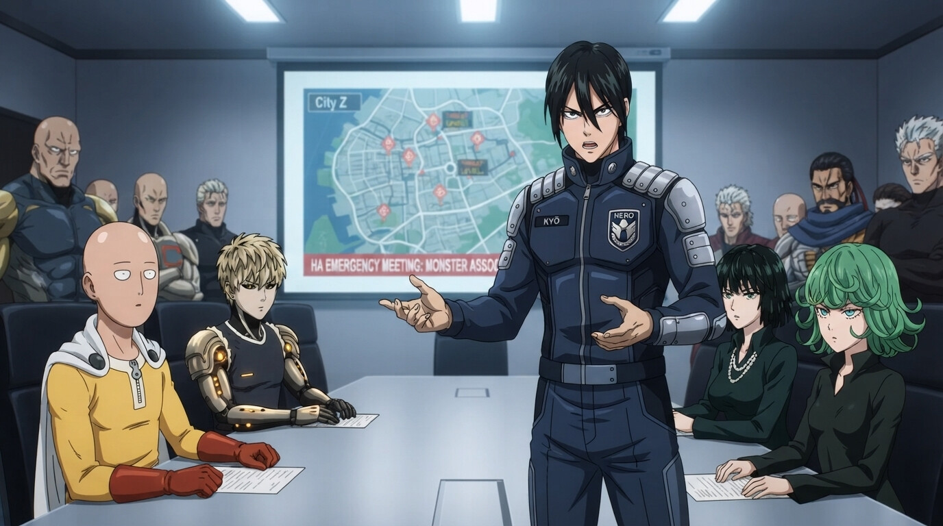 Photo to anime in One Punch Man style - Hero Association emergency meeting with City Z map