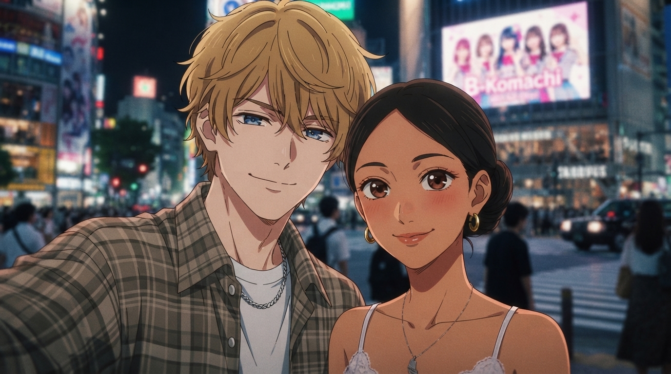 Foto a anime al estilo Oshi no Ko - Selfie de pareja en Shibuya con cartel B-Komachi