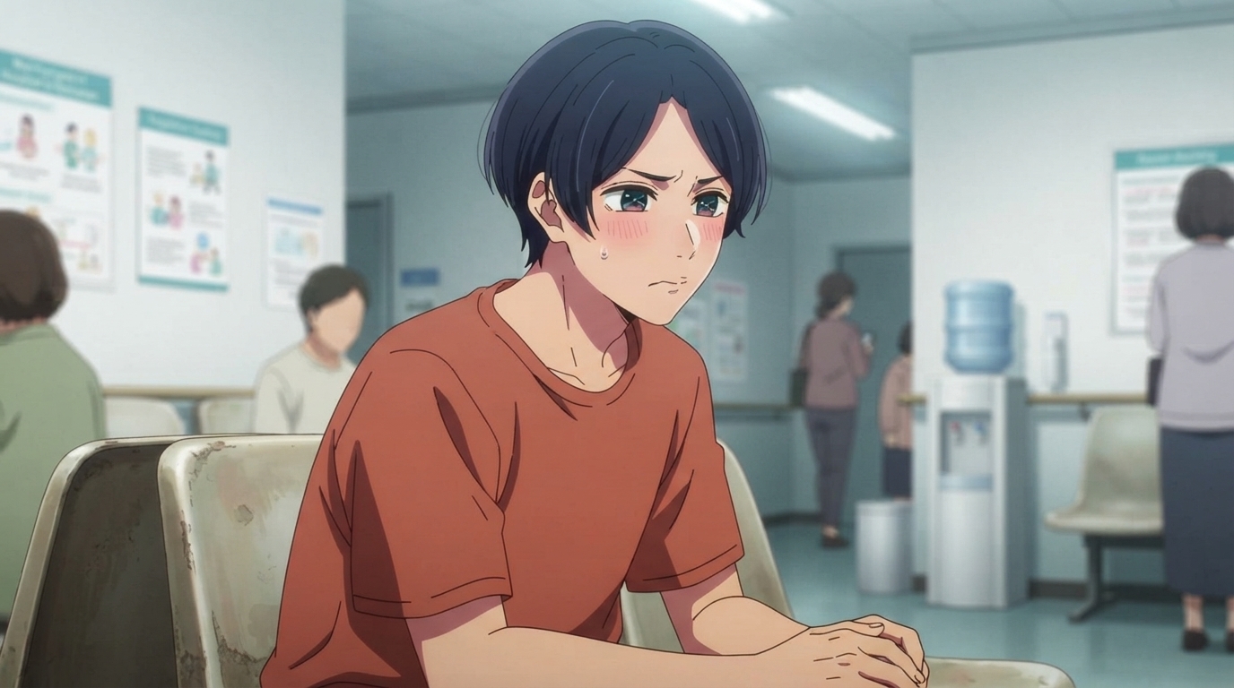 Foto a anime al estilo Oshi no Ko - Hombre de cabello oscuro avergonzado en sala de espera de clínica