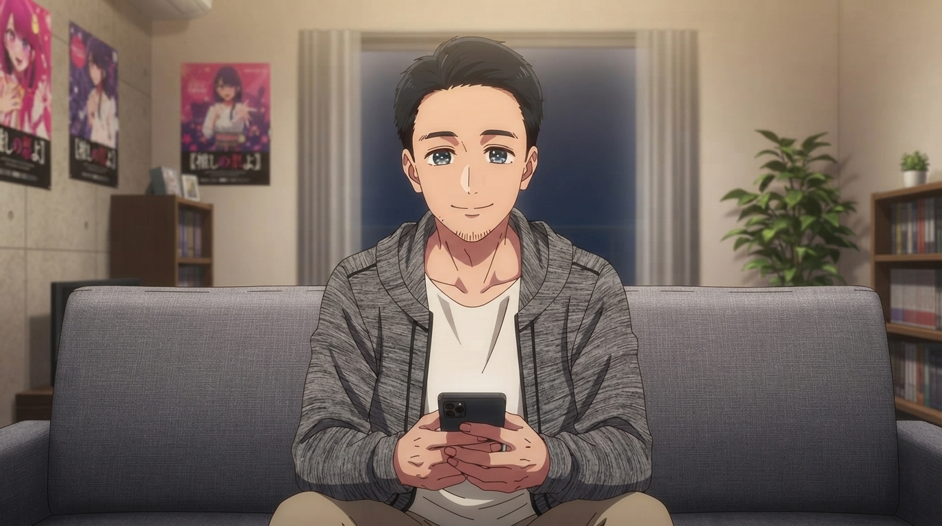 Foto a anime al estilo Oshi no Ko - Hombre en sofá con pósters de Ai Hoshino en sala