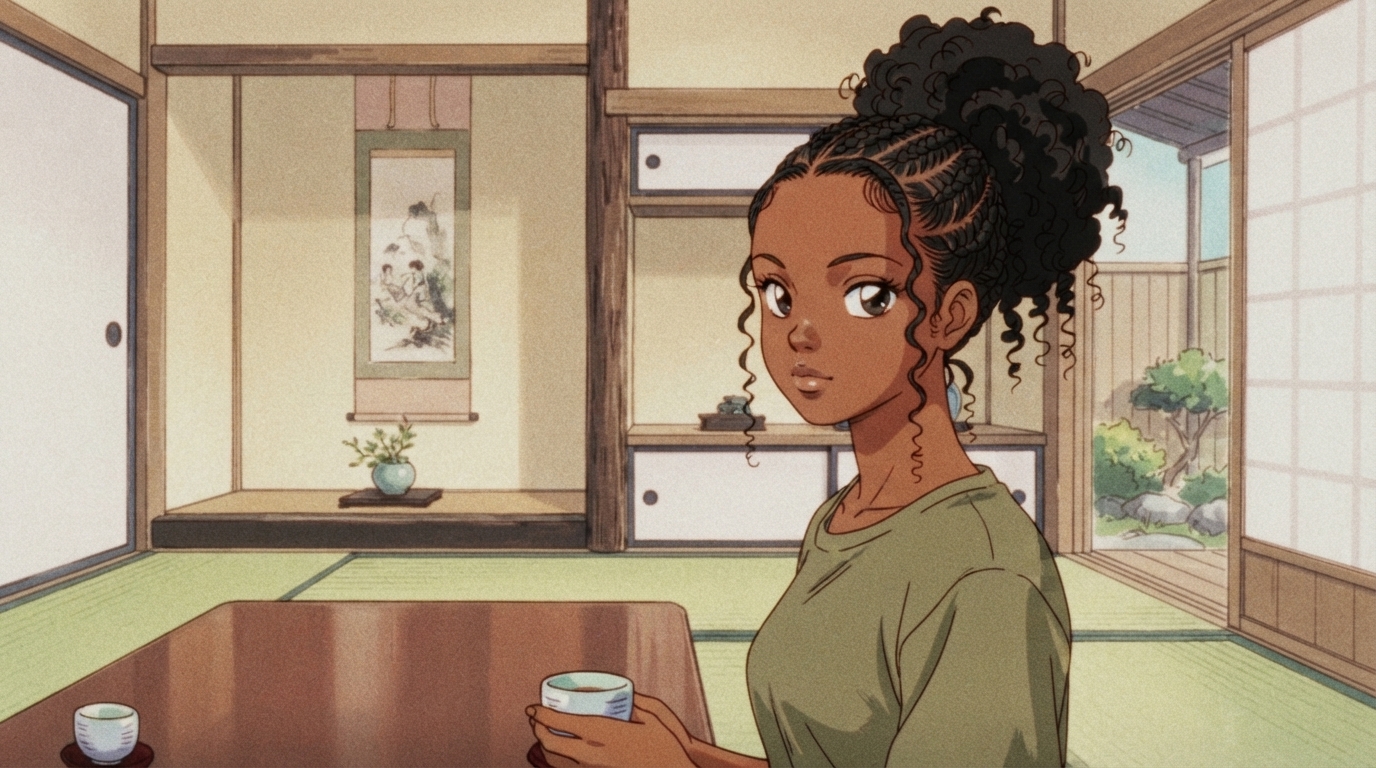 Foto a anime al estilo Ranma 1/2 - Mujer negra con trenzas en sala de té con tatami