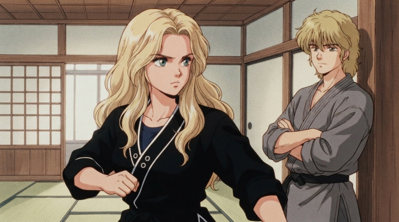Foto a anime al estilo Ranma 1/2 - Artistas marciales rubios entrenando en dojo