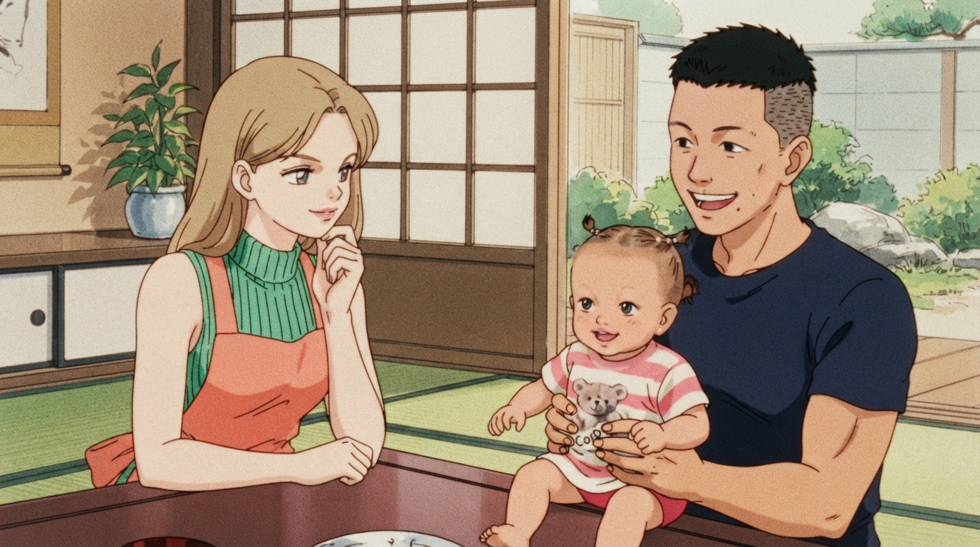 Foto a anime al estilo Ranma 1/2 - Familia en casa japonesa tradicional con bebé