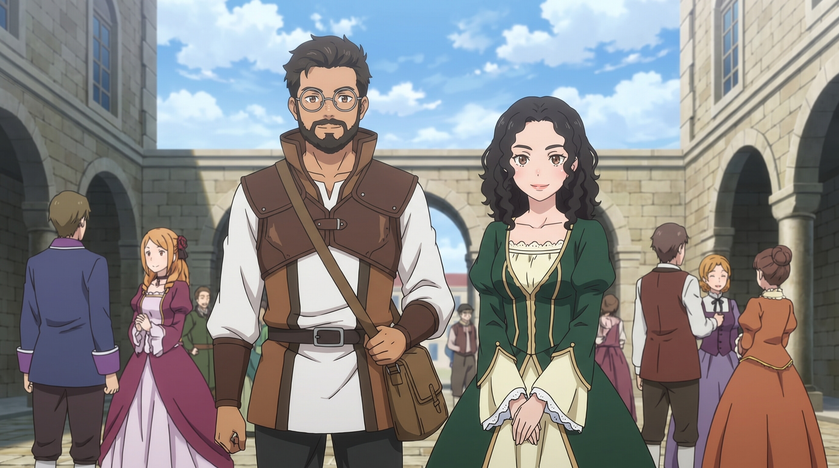 Foto a anime al estilo Re:ZERO - Hombre barbudo y mujer de pelo rizado en patio medieval