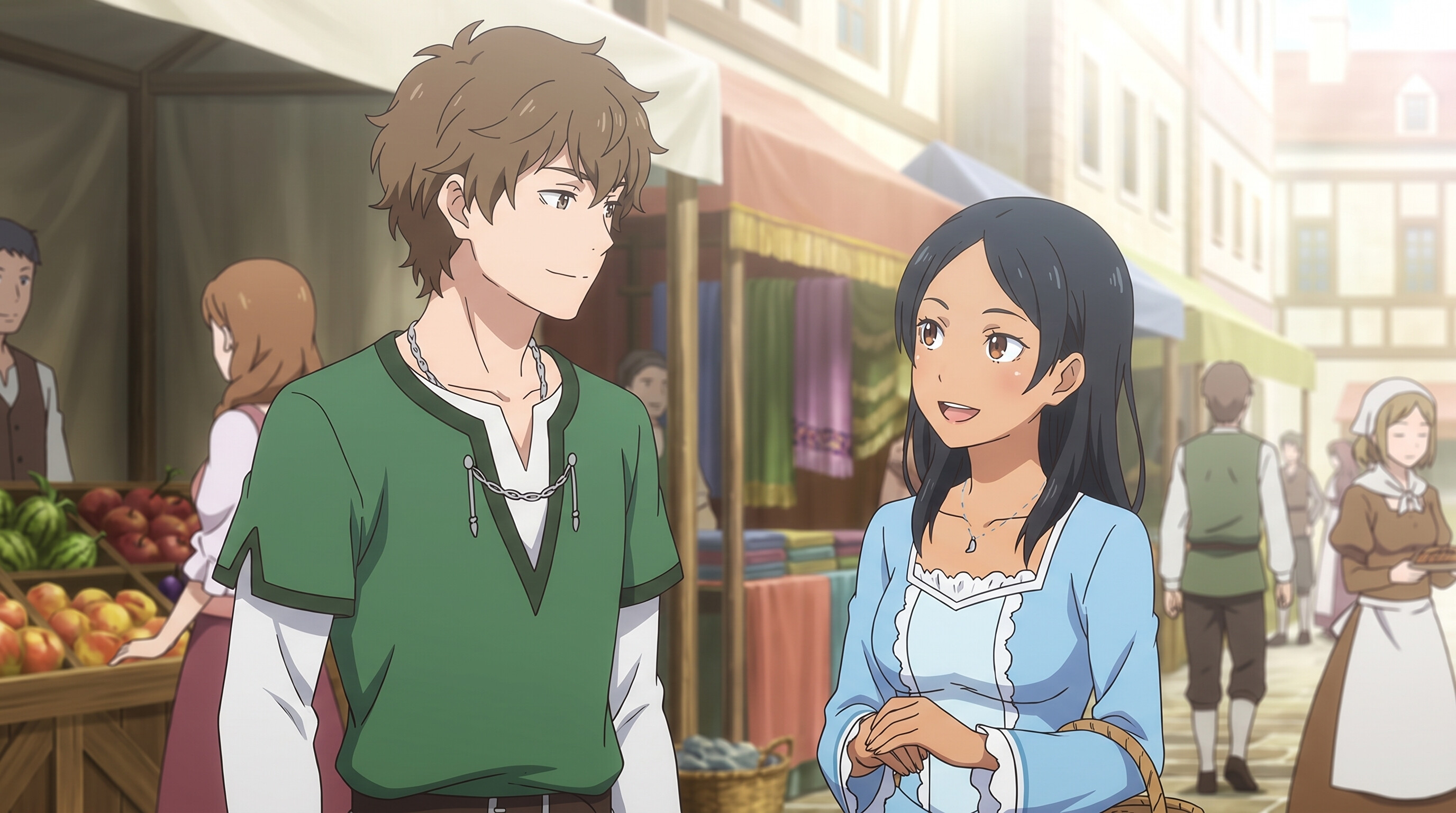 Foto a anime al estilo Re:ZERO - Pareja en mercado de frutas en calle iluminada por el sol