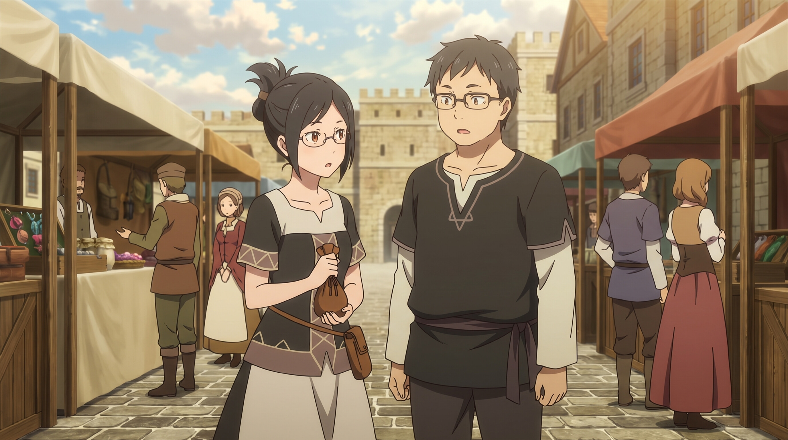 Foto a anime al estilo Re:ZERO - Mujer con gafas y hombre en puestos de mercado medieval