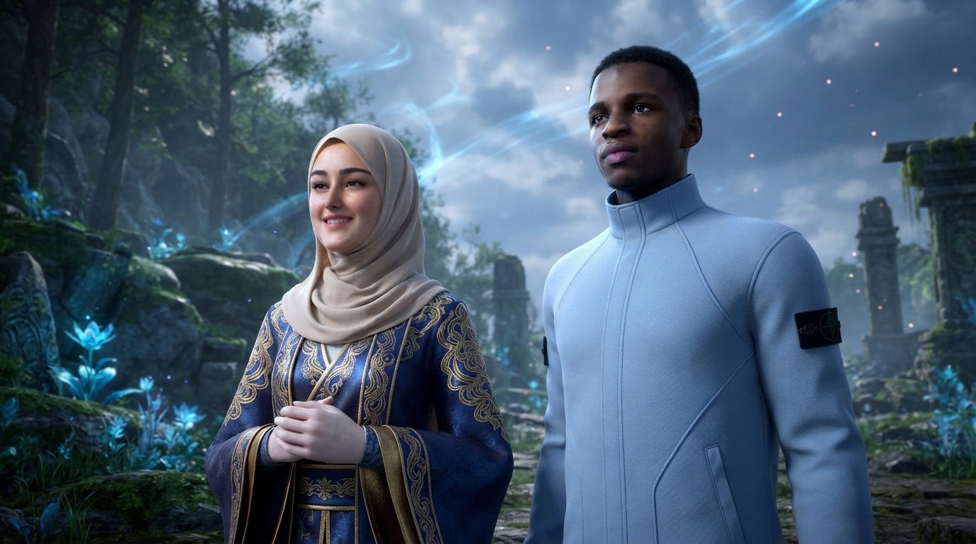 Foto a anime al estilo Soul Land - Mujer con hijab y hombre negro en campo de hierba azul