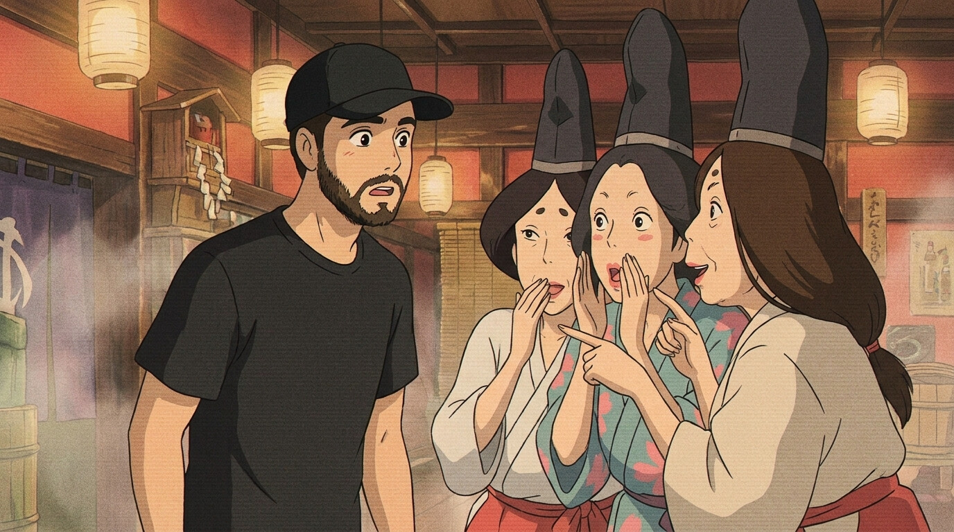 Foto a anime al estilo Spirited Away - Hombre barbudo en baño con espíritus asistentes