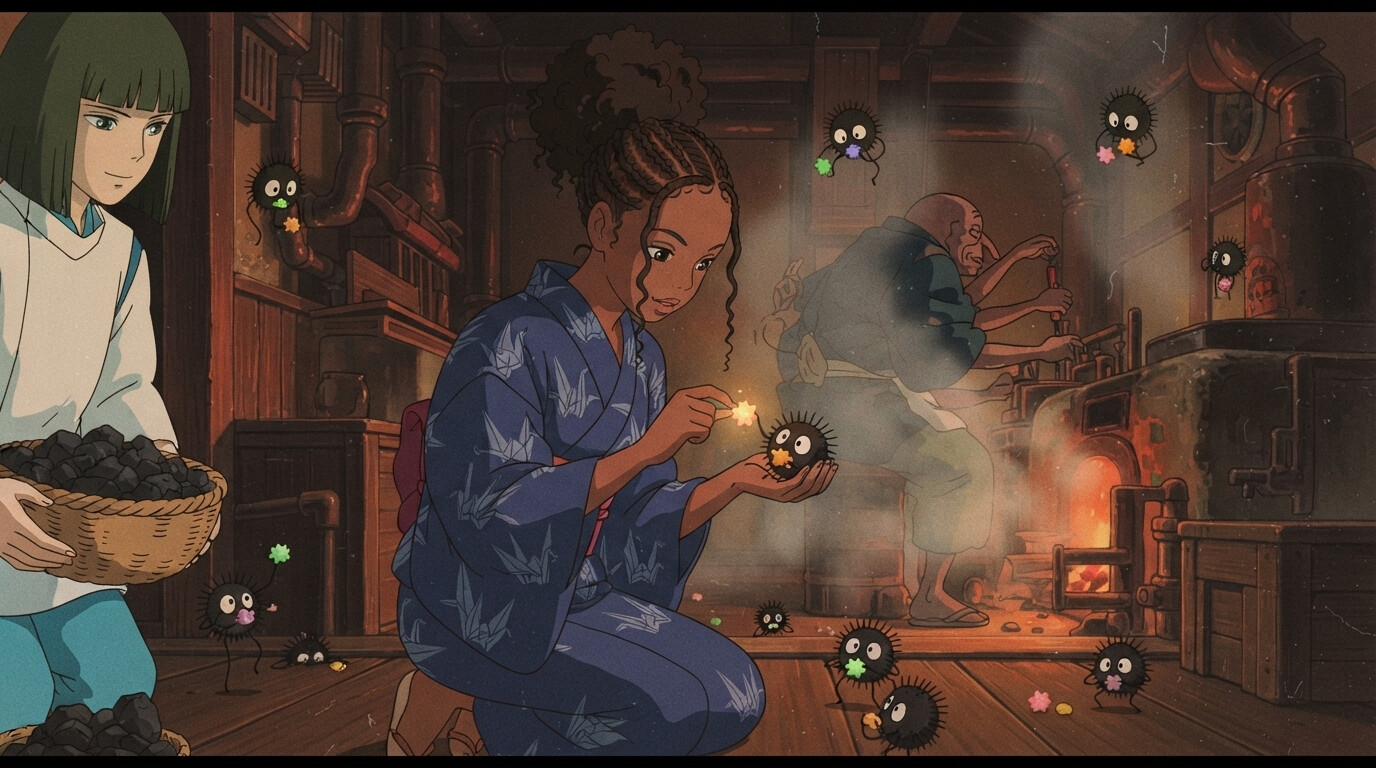 Foto a anime al estilo Spirited Away - Mujer negra en sala de calderas con susuwatari