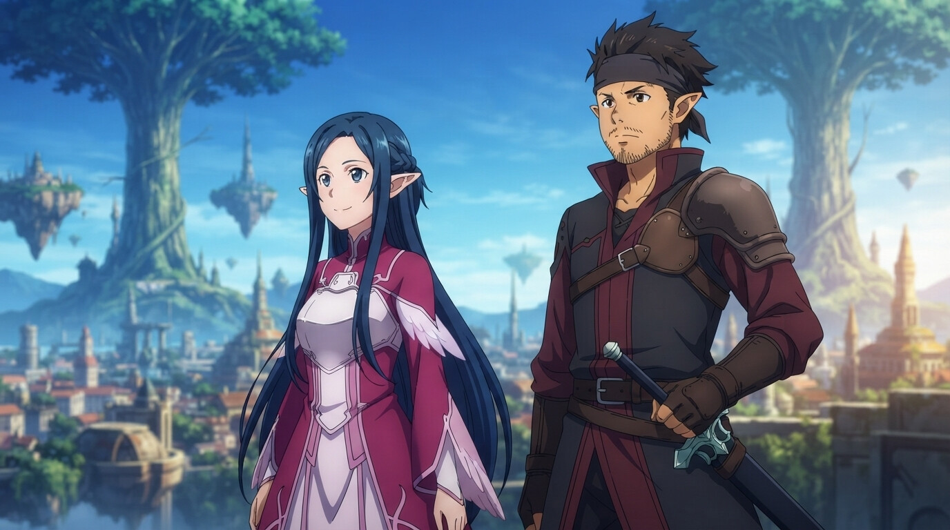 Foto a anime al estilo Sword Art Online - Pareja en Alfheim Online con paisaje del Árbol del Mundo
