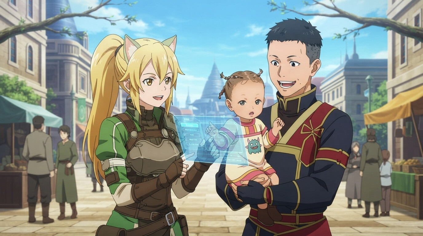 Foto a anime al estilo Sword Art Online - Elfa con interfaz holográfica en plaza de pueblo de fantasía