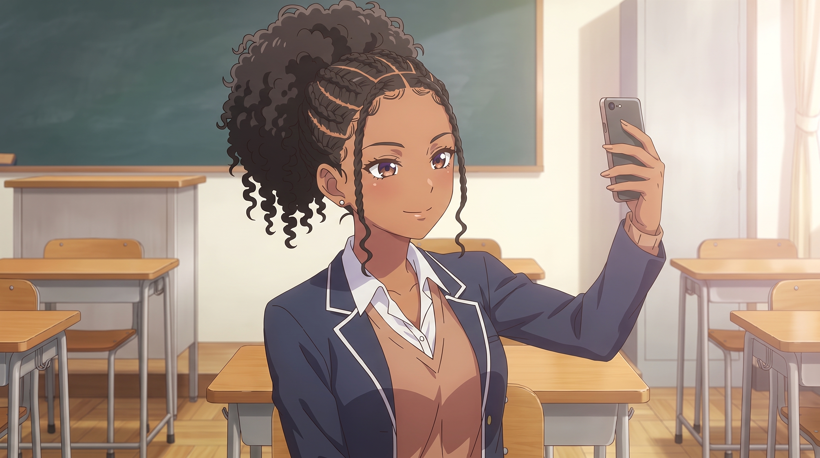 Foto a anime al estilo Las Quintillizas - Chica negra tomándose un selfie en el aula