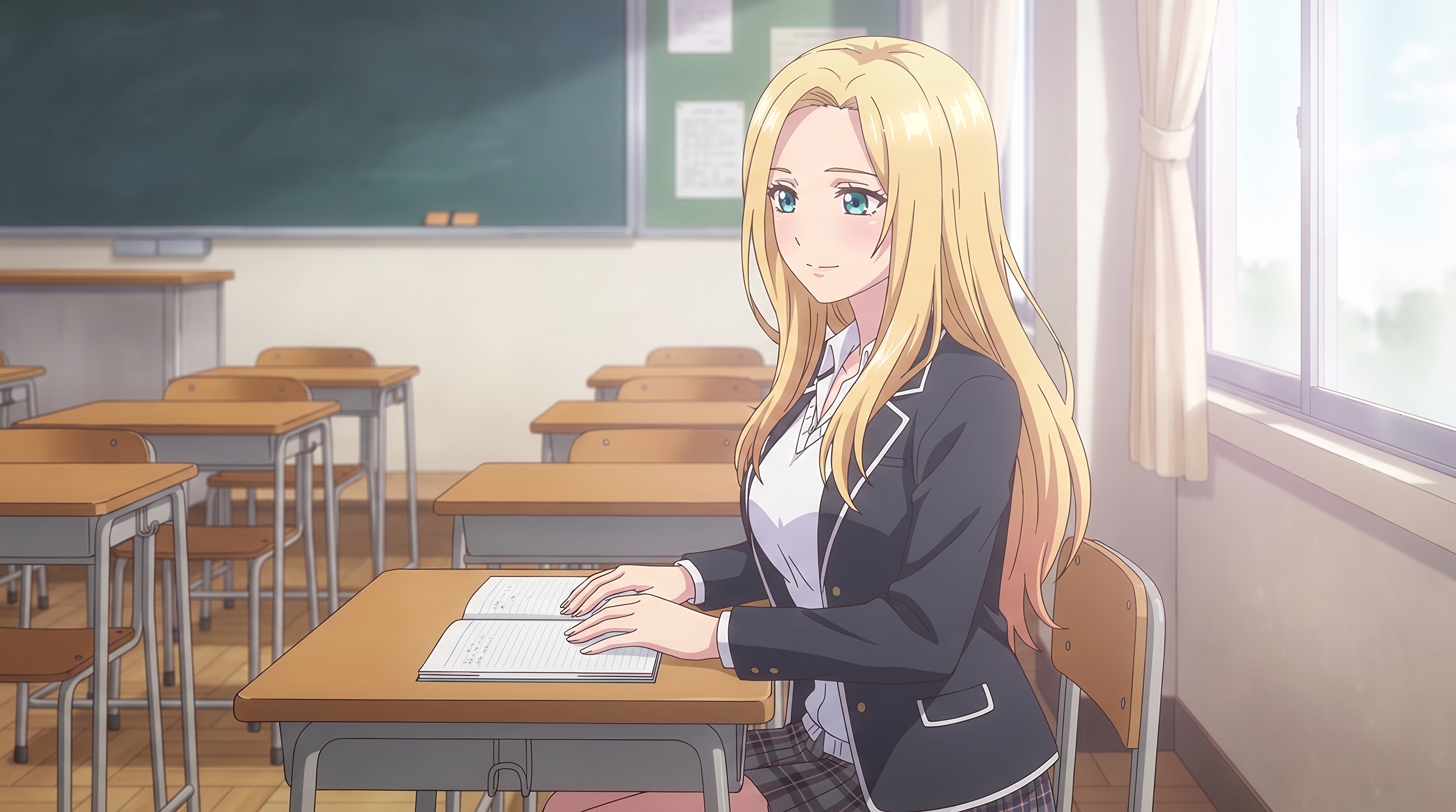 Foto a anime al estilo Las Quintillizas - Chica rubia en escritorio de aula iluminada por el sol