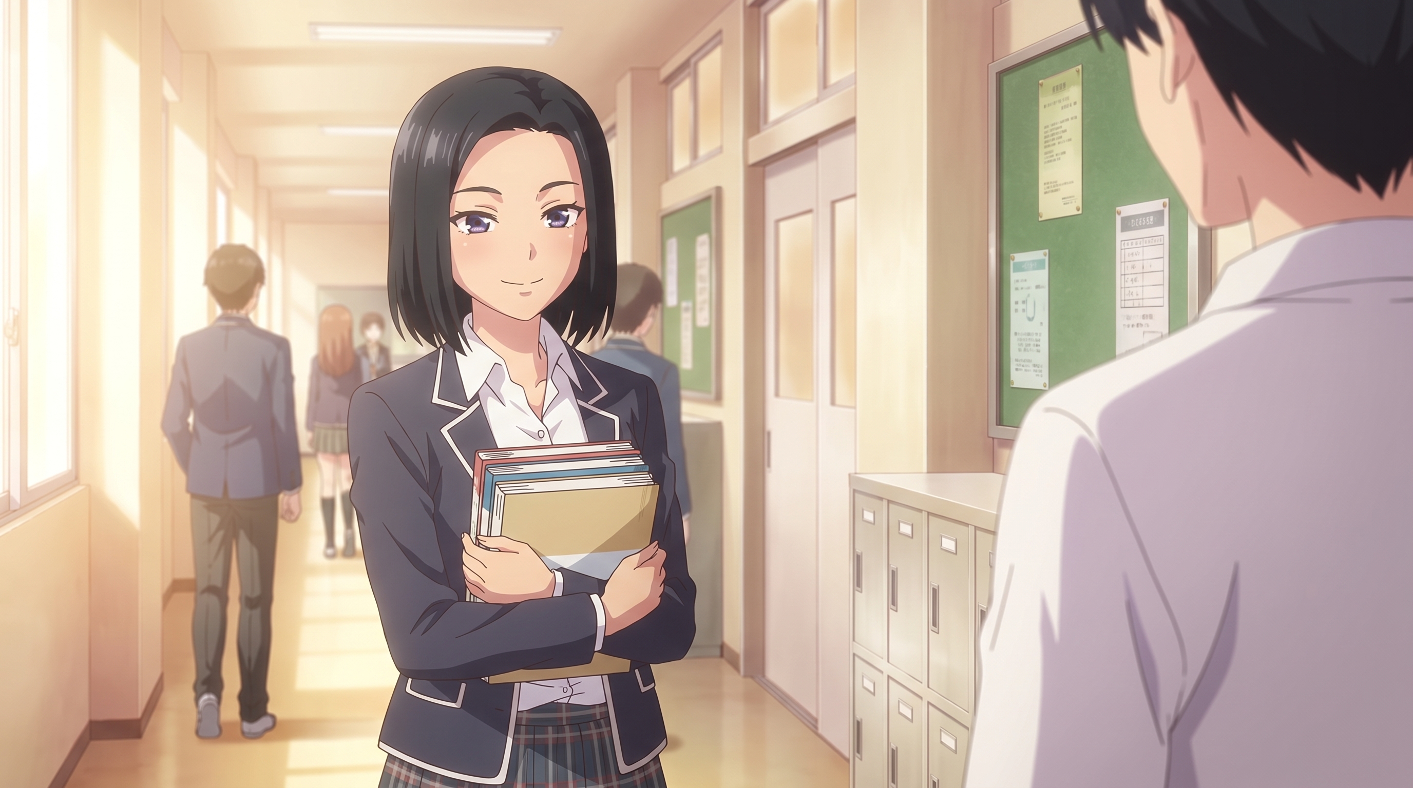Foto a anime al estilo Las Quintillizas - Chica con libros en escena de pareja en pasillo escolar