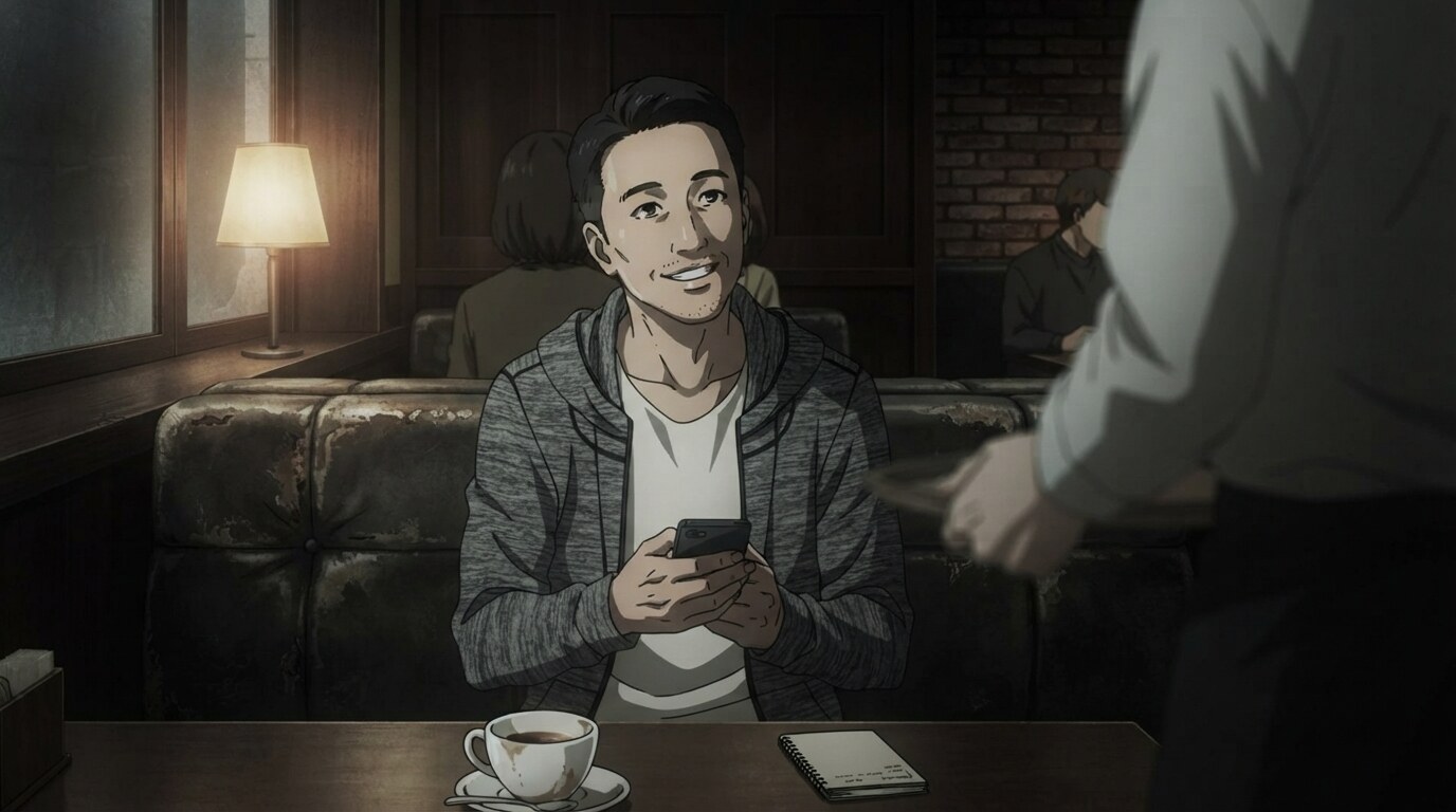 Foto a anime al estilo Tokyo Ghoul - Hombre sonriendo en cafetería oscura