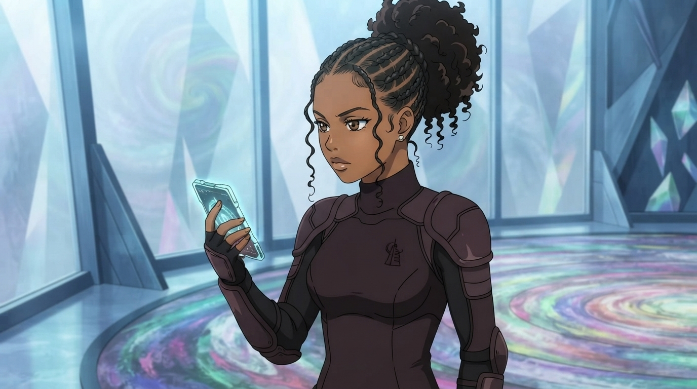 Foto a anime al estilo Tower of God - Mujer negra con trenzas en armadura táctica en cámara colorida