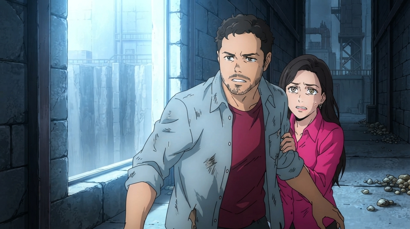 Foto a anime al estilo Tower of God - Pareja en callejón de piedra con mujer angustiada