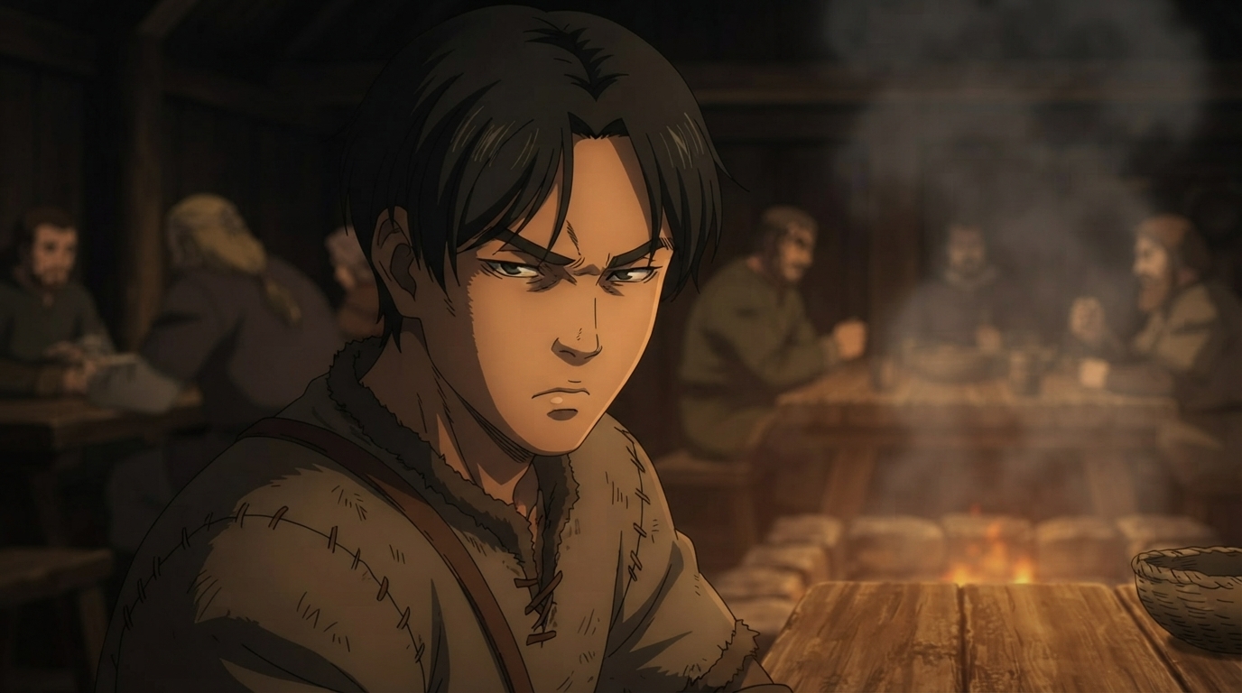 Foto a anime al estilo Vinland Saga - Hombre de cabello negro en casa larga vikinga iluminada por el fuego