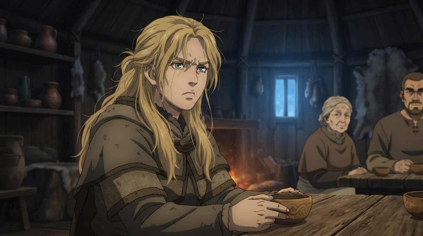 Foto a anime al estilo Vinland Saga - Mujer rubia en interior rústico de casa larga
