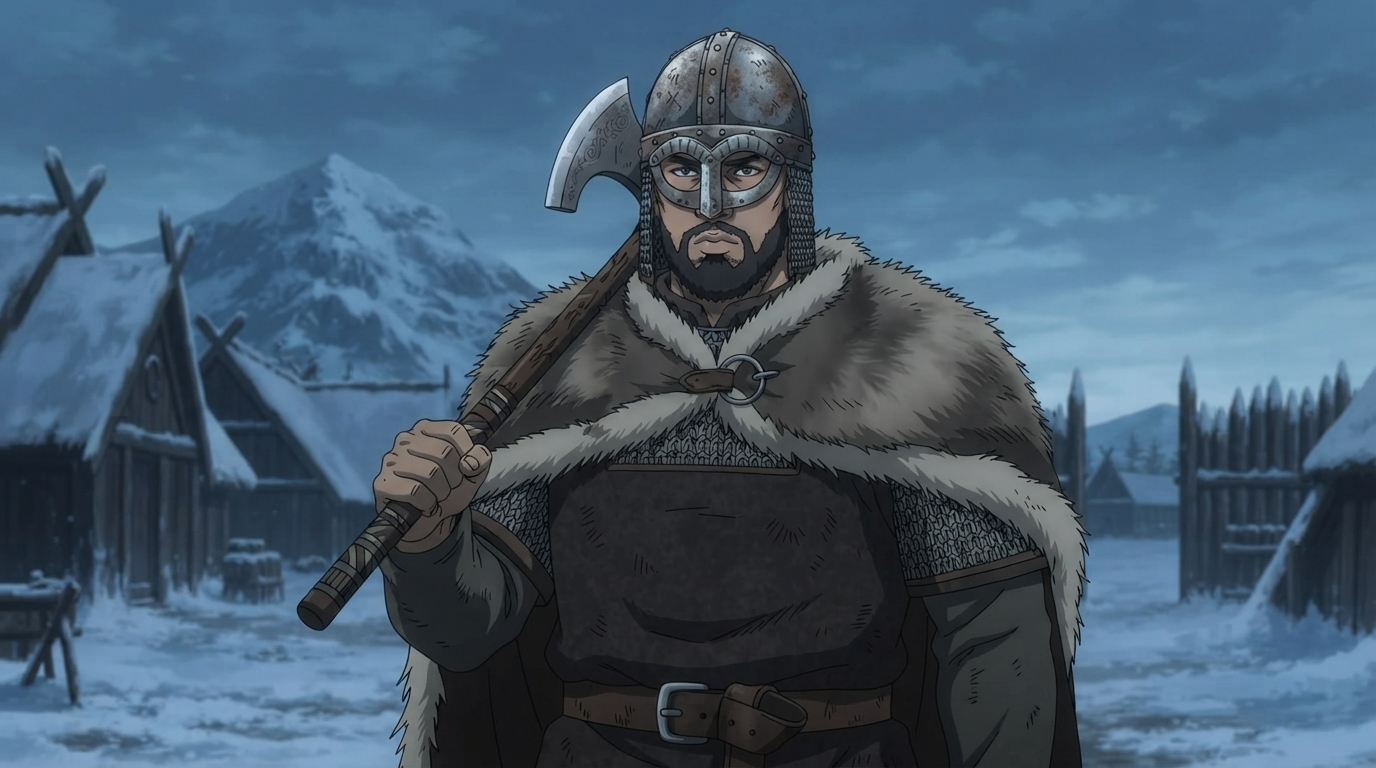 Foto a anime al estilo Vinland Saga - Guerrero vikingo con capa de piel y hacha en aldea nevada