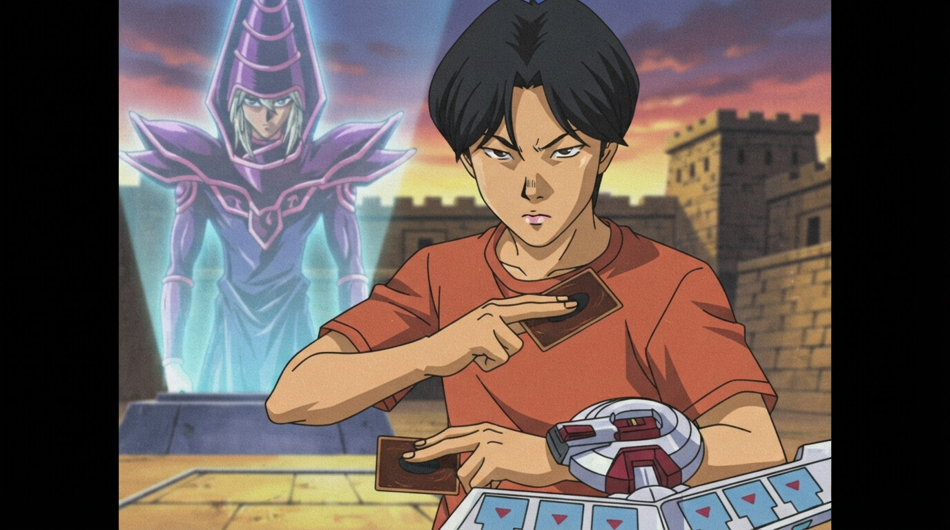 Foto a anime al estilo Yu-Gi-Oh! - Hombre con holograma de Mago Oscuro en arena de duelo