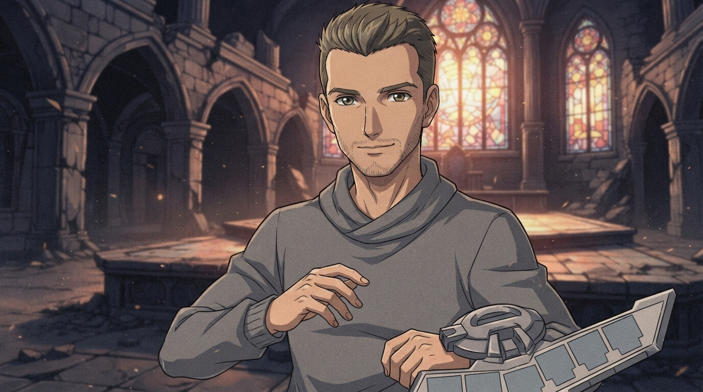 Foto a anime al estilo Yu-Gi-Oh! - Hombre con Duel Disk en ruinas de catedral gótica