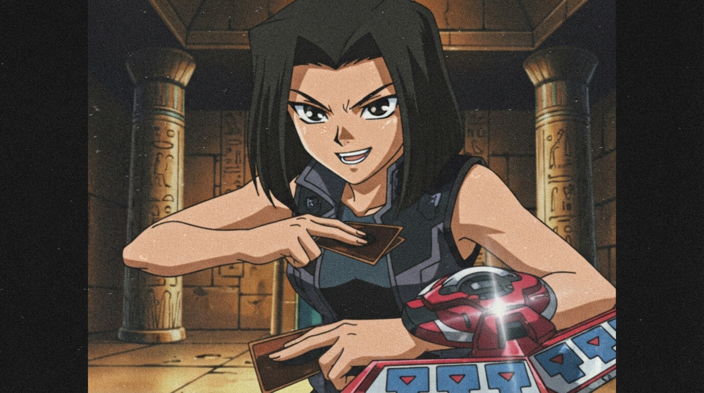 Foto a anime al estilo Yu-Gi-Oh! - Mujer con Duel Disk en cámara de tumba egipcia