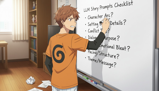 Anime character at a whiteboard writing an LLM story prompts checklist covering character arc, setting details, conflict, dialogue purpose, emotional beat, pacing, and theme